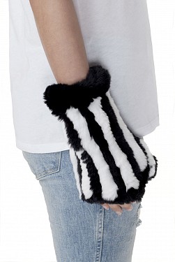 ASELLA BLACK & WHITE STRIPEY REX RABBIT SHORT MITTENS