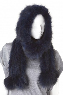 SIRUS SAPPHIRE FOX HOODED SCARF WITH POM POMS