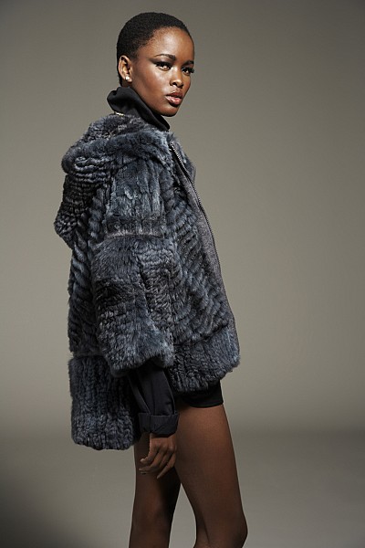 PHOEBE COBALT LAYERED & KNITTED CHINCHILLA HOODED JACKET