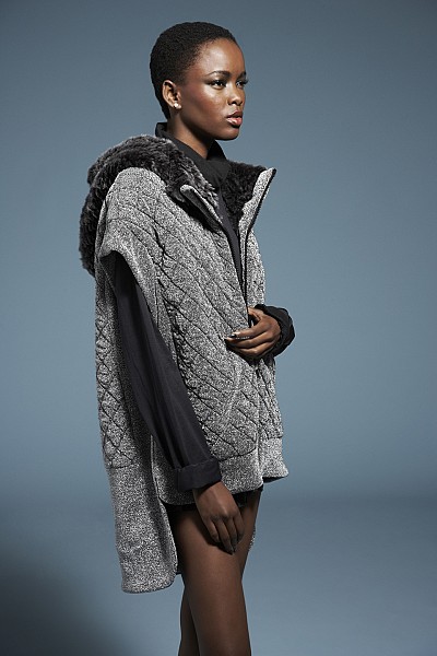 ETHEL SILVER QUILTED REVERSIBLE PONCHO WITH RABBIT LINING & HOOD