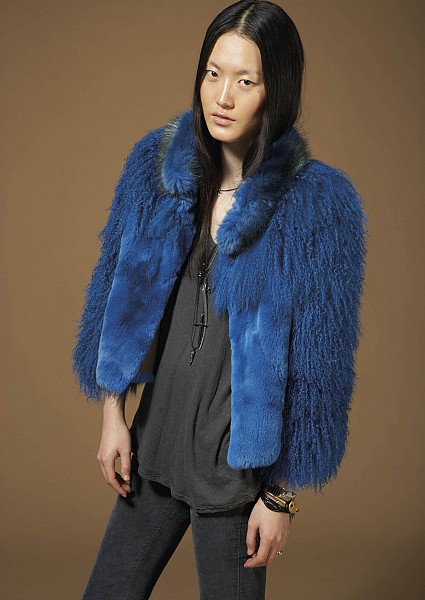 CHIRON BLUE TIBET LAMB AND REX RABBIT JACKET WITH BEAVER COLLAR