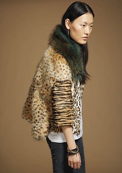 DIA PRINTED KIDSKIN & FOX JACKET WITH GREEN RACCOON COLLAR