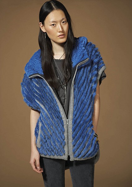 TRITON BLUE BEAVER PONCHO WITH KNITTED REX RABBIT HOOD